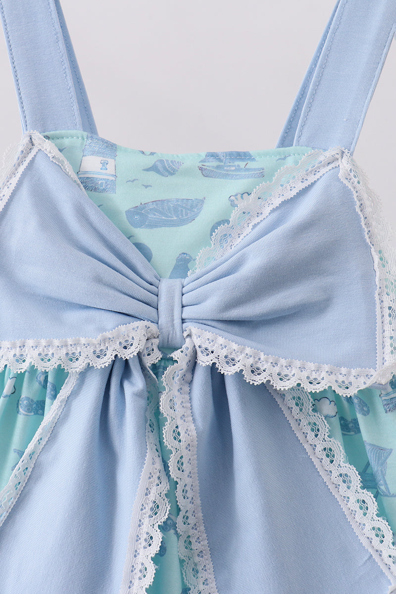 Blue Beach Print Bow Ruffle Dress