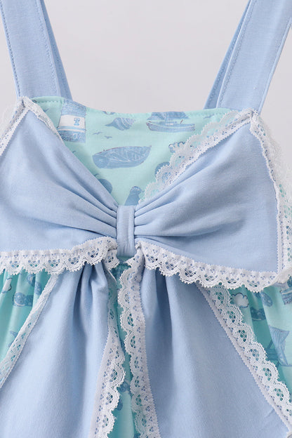 Blue Beach Print Bow Ruffle Dress