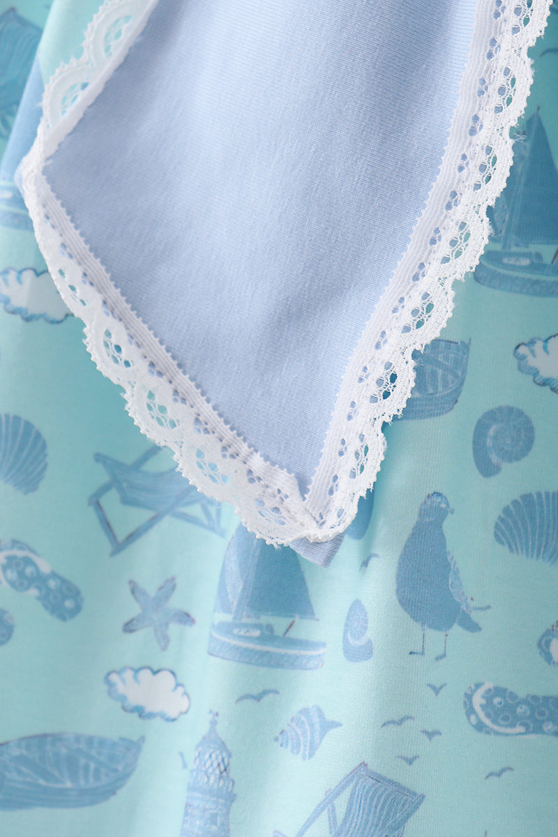 Blue Beach Print Bow Ruffle Dress