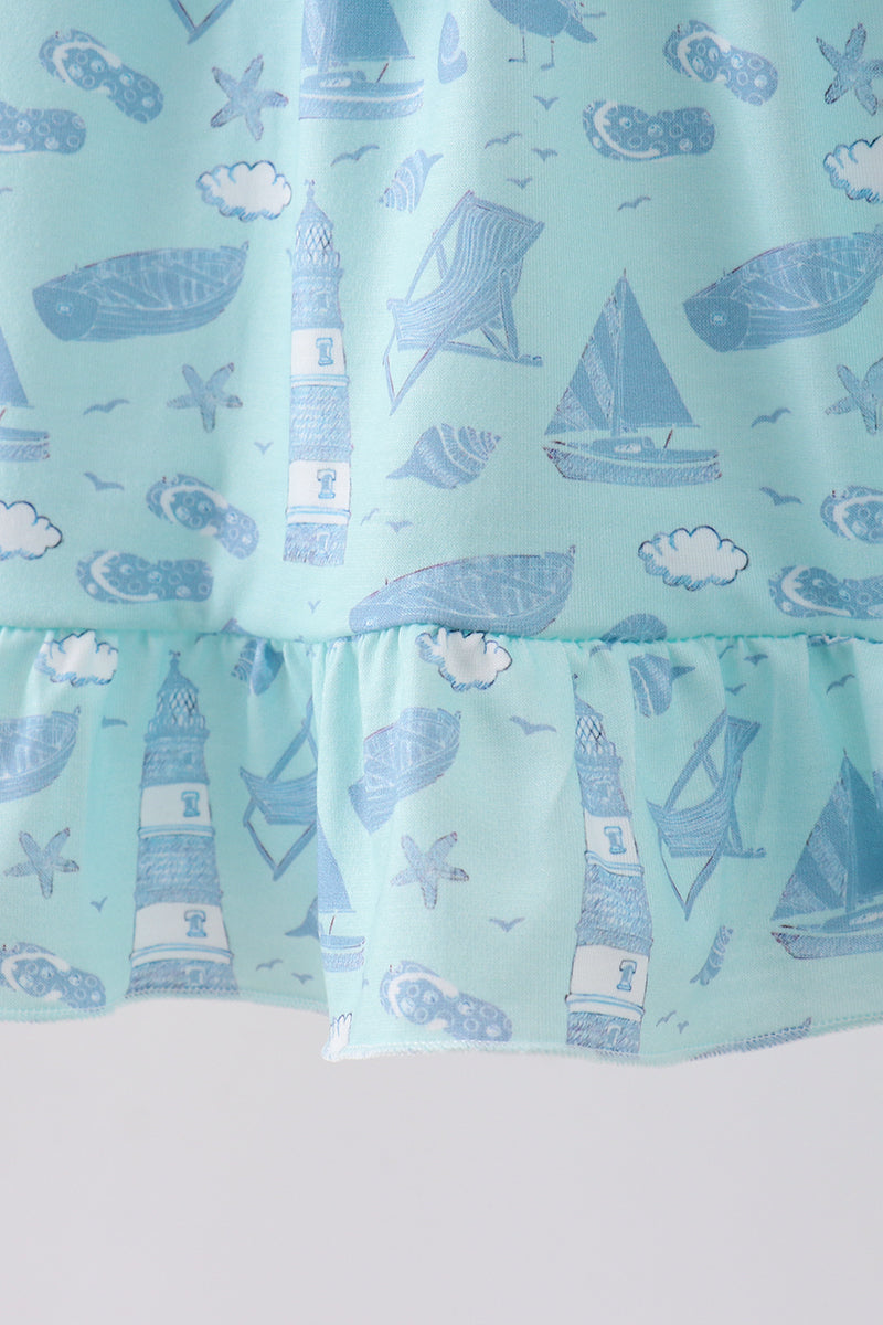 Blue Beach Print Bow Ruffle Dress