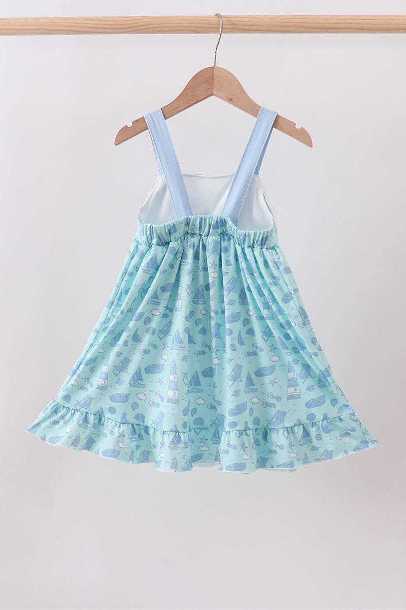 Blue Beach Print Bow Ruffle Dress