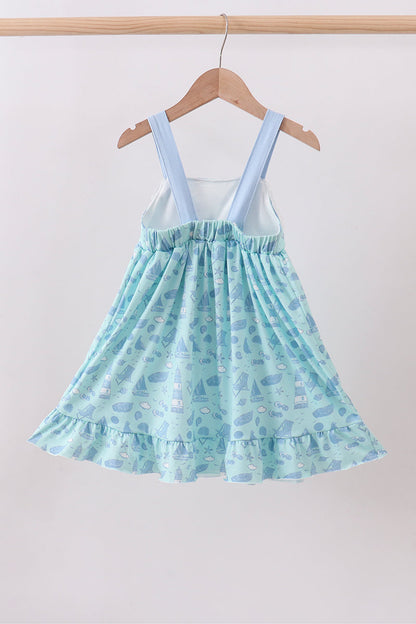 Blue Beach Print Bow Ruffle Dress