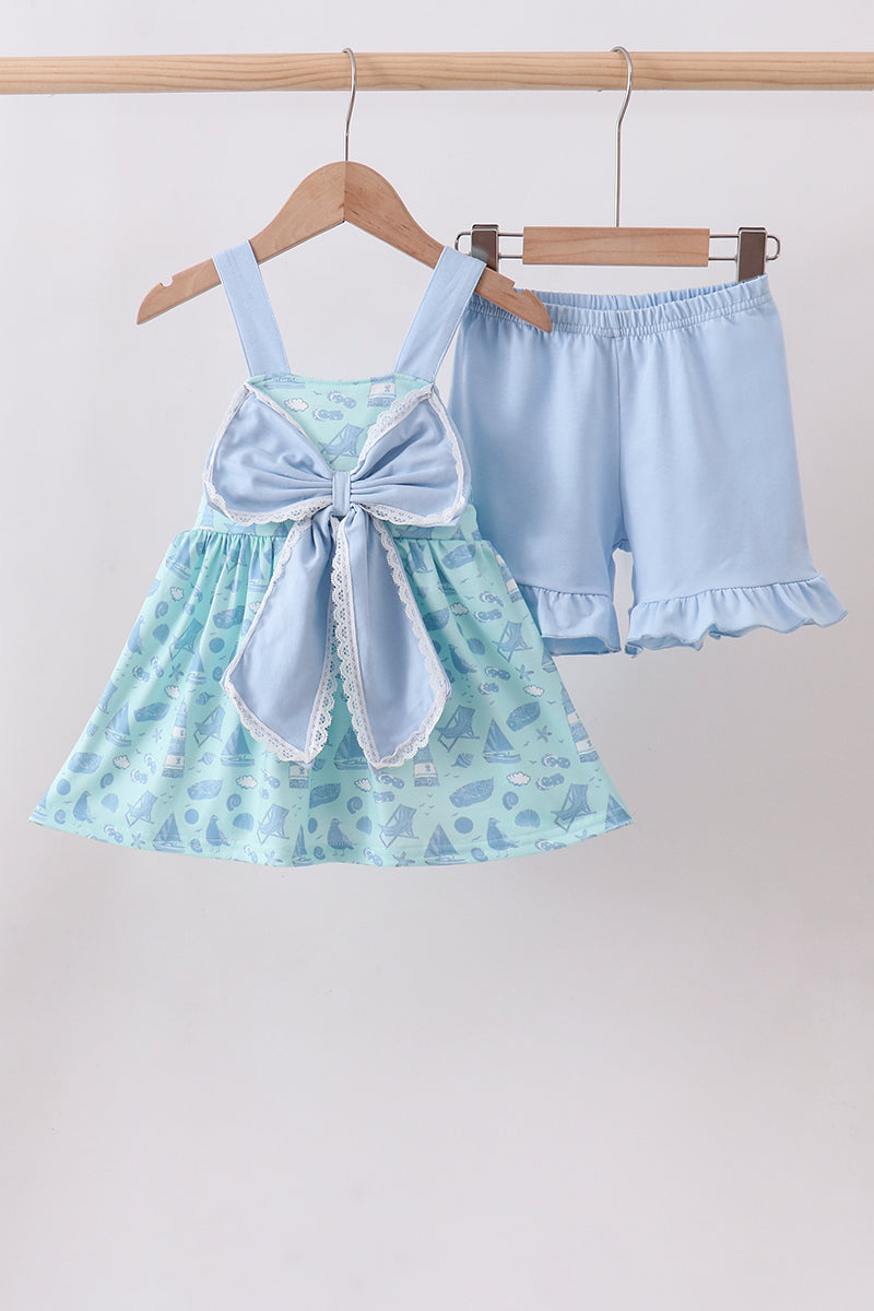 Blue Beach Print Bow Ruffle Shorts Set