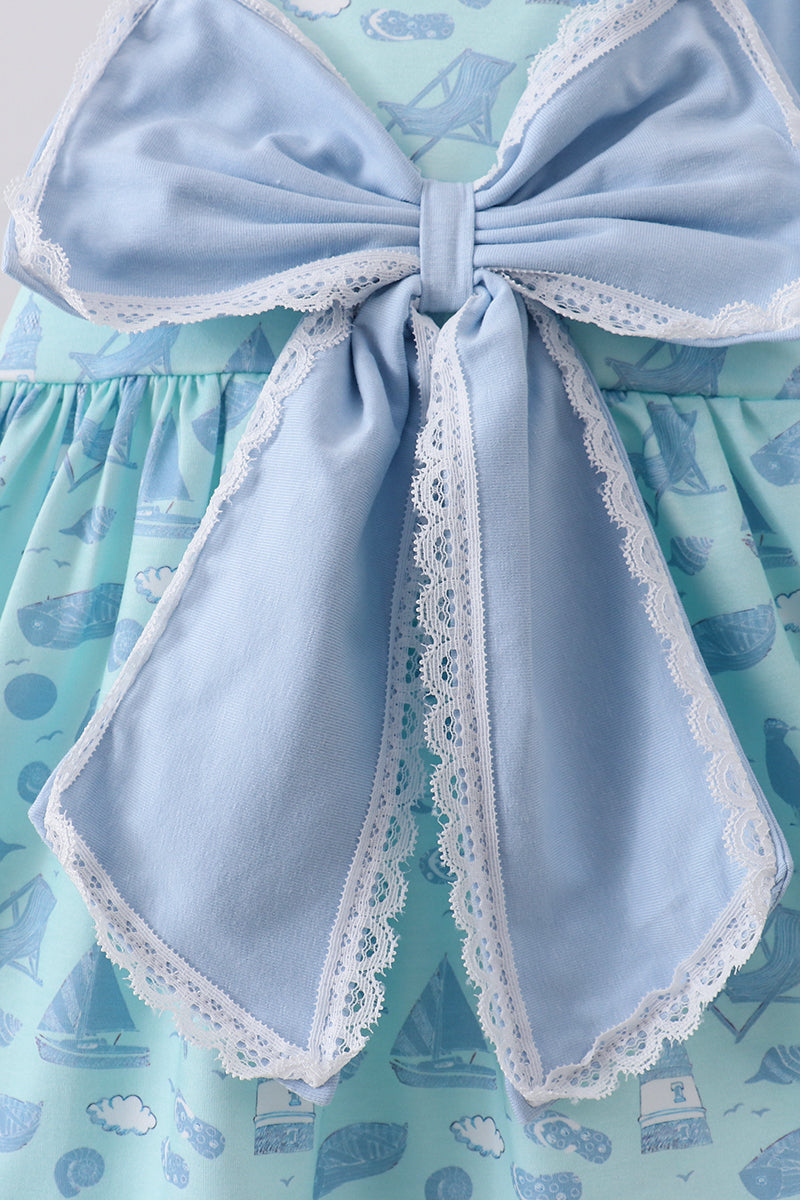 Blue Beach Print Bow Ruffle Shorts Set