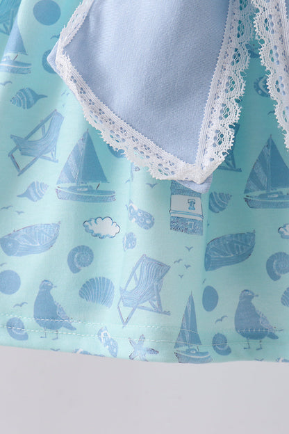 Blue Beach Print Bow Ruffle Shorts Set