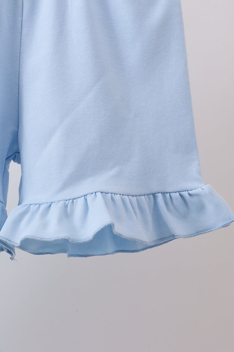Blue Beach Print Bow Ruffle Shorts Set
