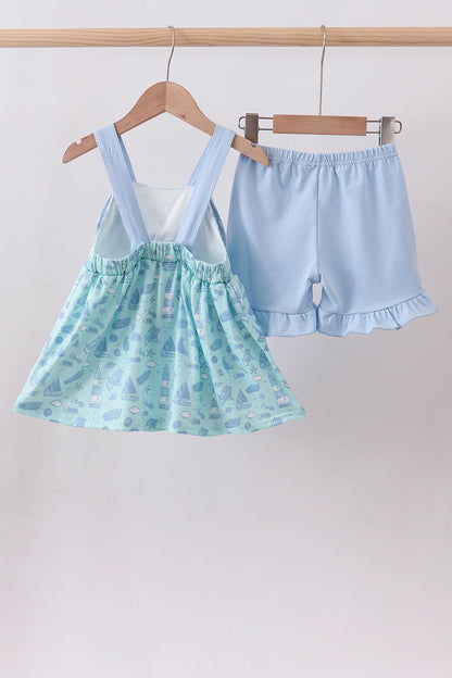 Blue Beach Print Bow Ruffle Shorts Set
