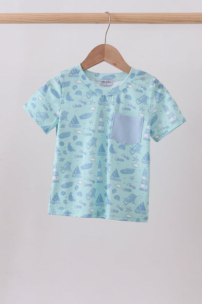 Blue Beach Print Pocket Tee