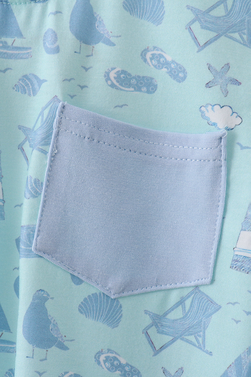 Blue Beach Print Pocket Tee