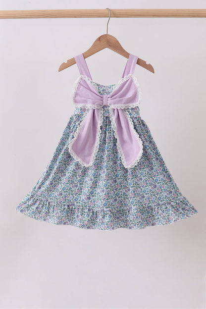Purple Floral Print Bow Ruffle Dress