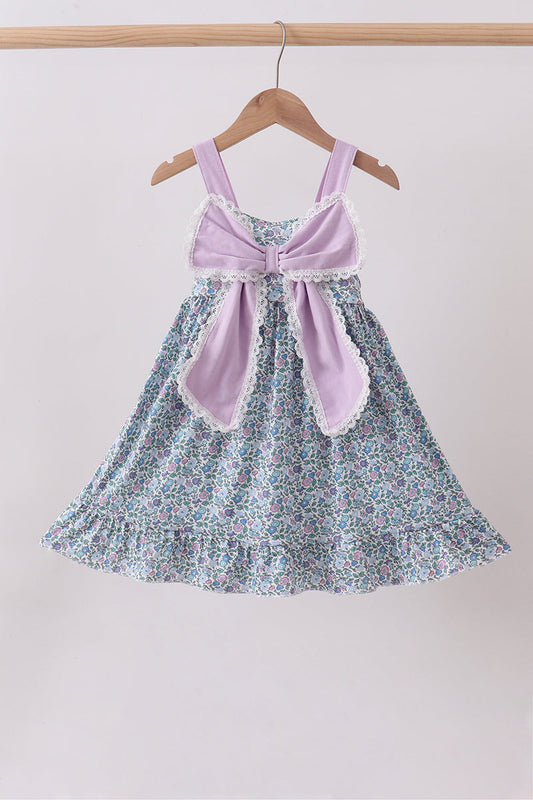 Purple Floral Print Bow Ruffle Dress