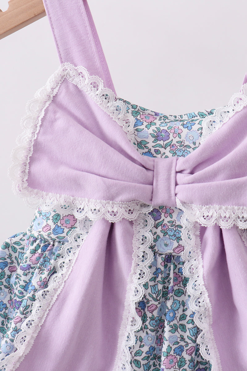 Purple Floral Print Bow Ruffle Dress