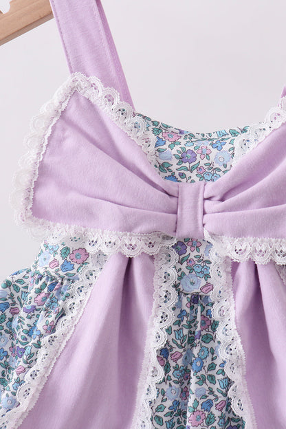 Purple Floral Print Bow Ruffle Dress