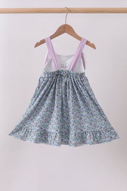 Purple Floral Print Bow Ruffle Dress