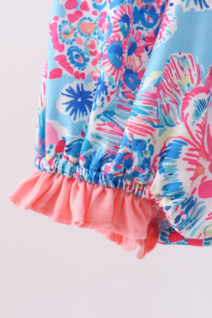 Pink Tropical Floral Print Ruffle Bow Bubble