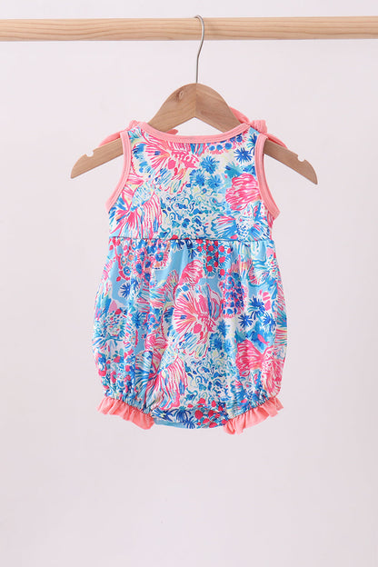 Pink Tropical Floral Print Ruffle Bow Bubble