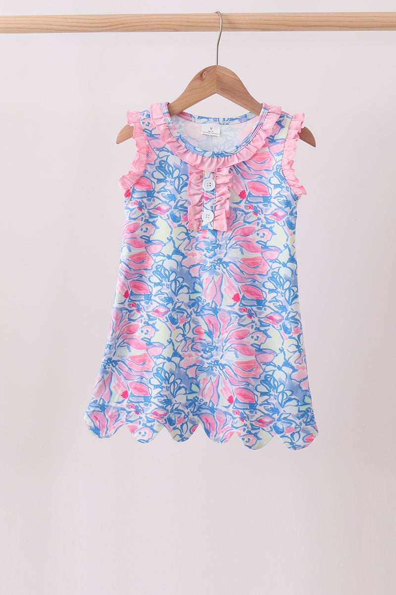 Watercolor Floral Ruffle Scalloped Dress