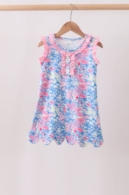 Watercolor Floral Ruffle Scalloped Dress