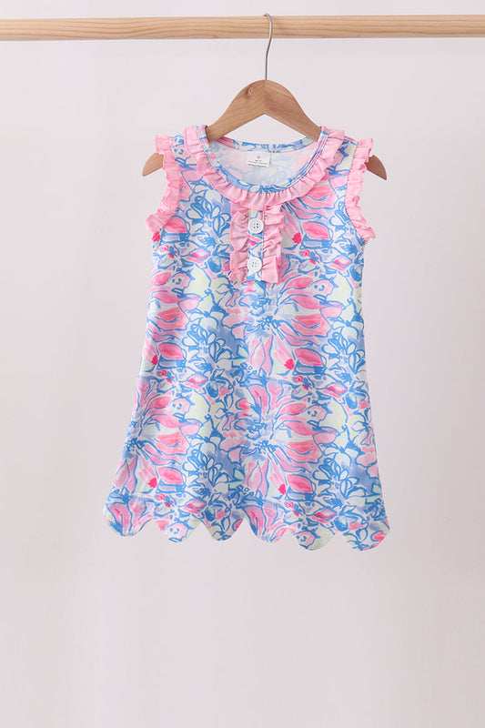 Watercolor Floral Ruffle Scalloped Dress