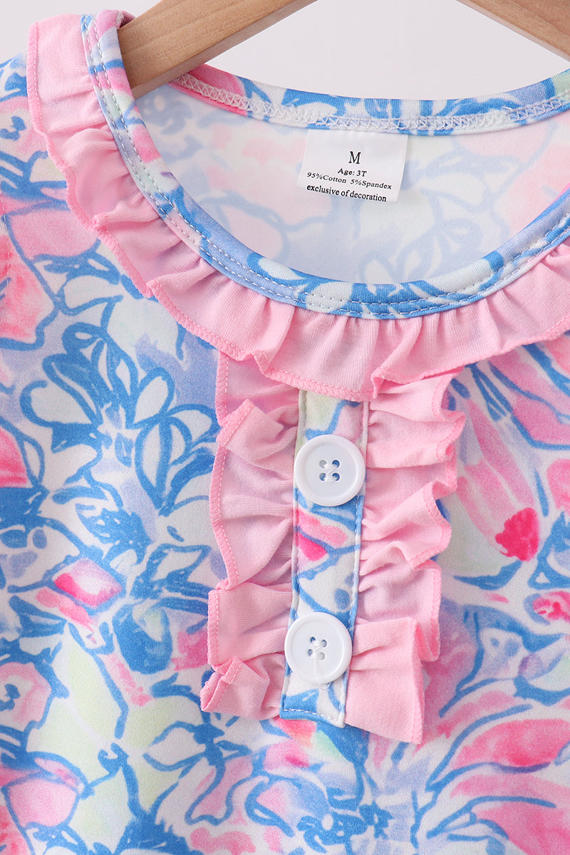 Watercolor Floral Ruffle Scalloped Dress