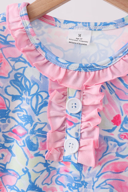Watercolor Floral Ruffle Scalloped Dress