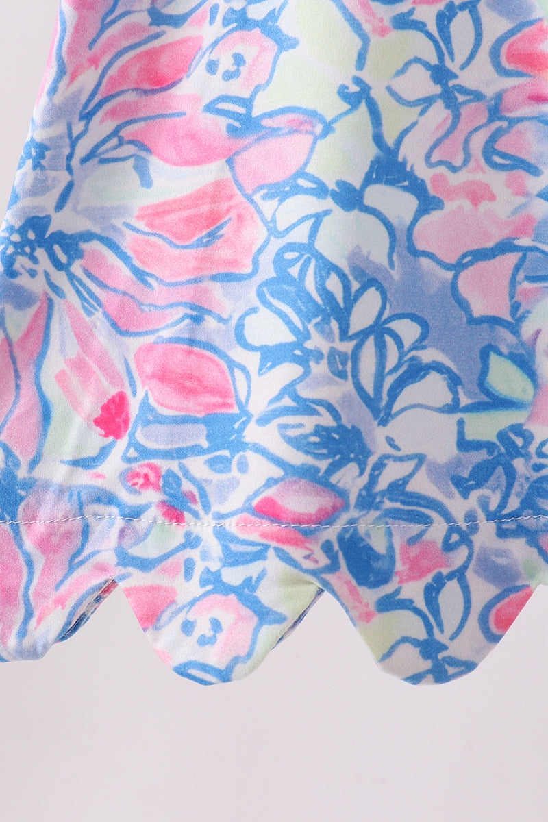 Watercolor Floral Ruffle Scalloped Dress