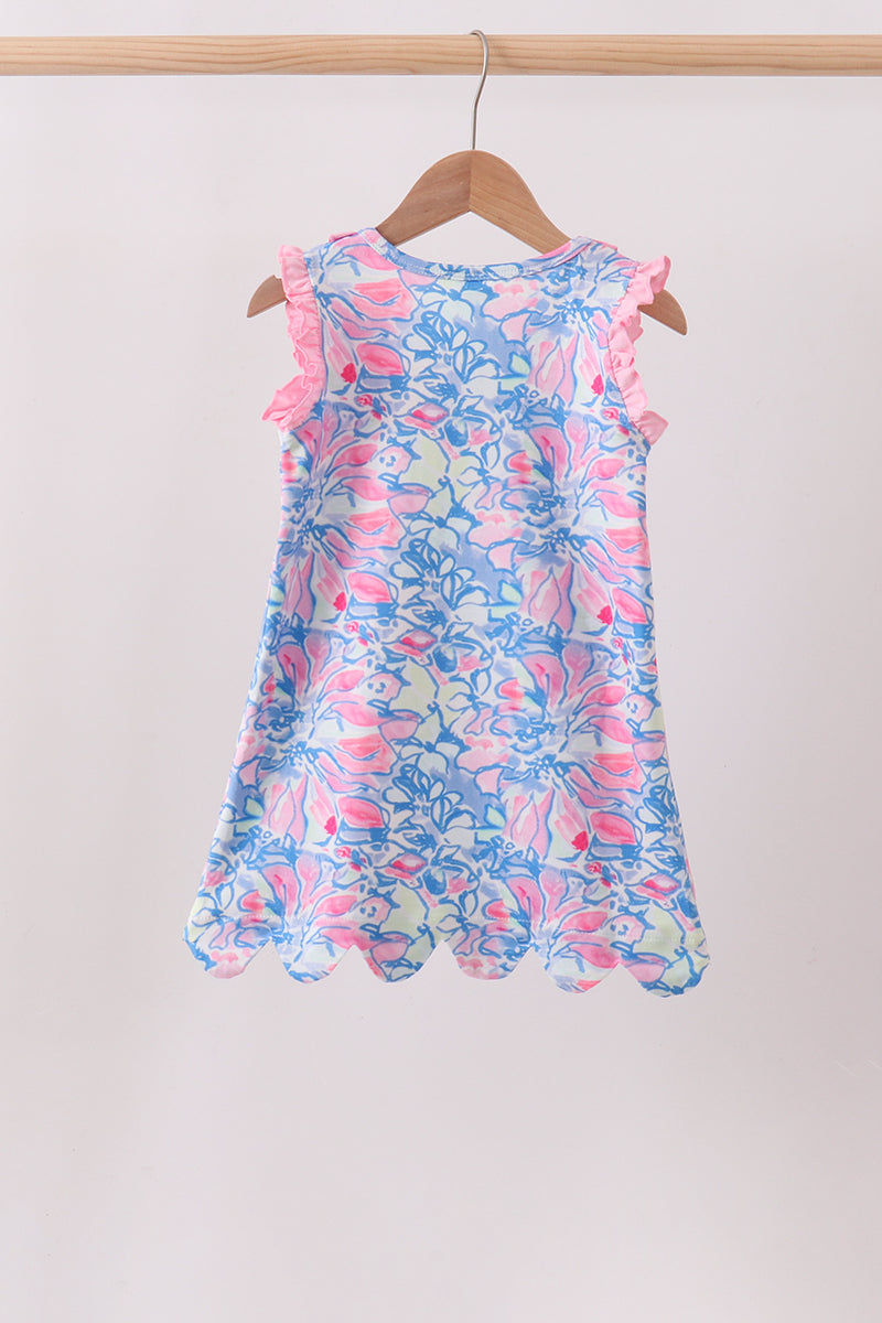 Watercolor Floral Ruffle Scalloped Dress