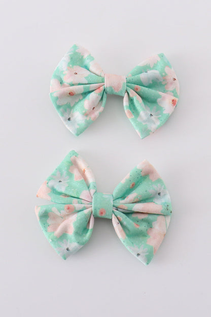 Green Floral Print Girl Piggie Hair Bow