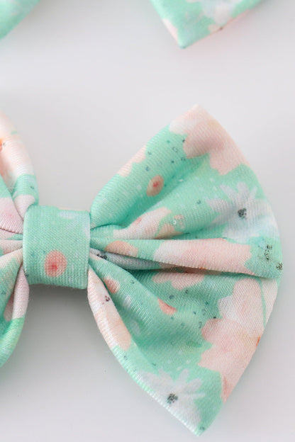 Green Floral Print Girl Piggie Hair Bow