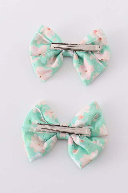 Green Floral Print Girl Piggie Hair Bow