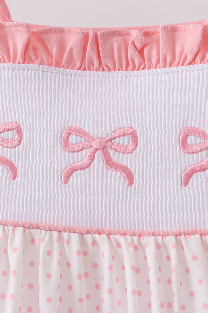 Pink Bow Smocked Dot Ruffle Dress