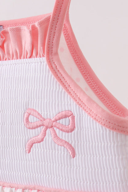 Pink Bow Smocked Dot Ruffle Dress