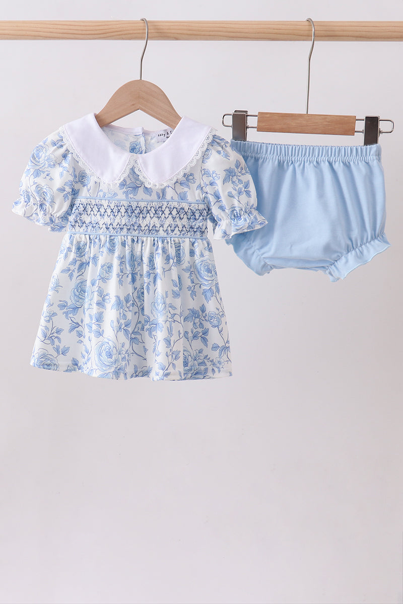 Blue Rose Smocked Bloomer Set