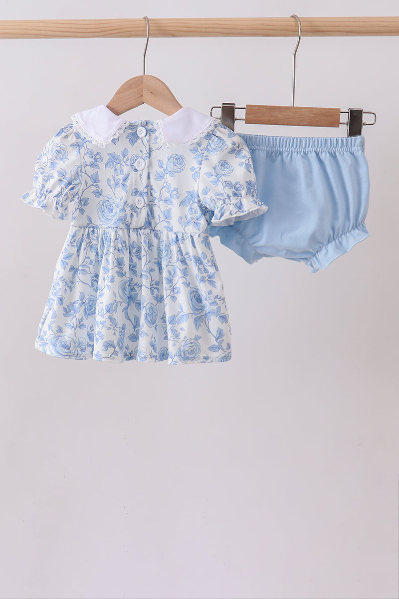 Blue Rose Smocked Bloomer Set