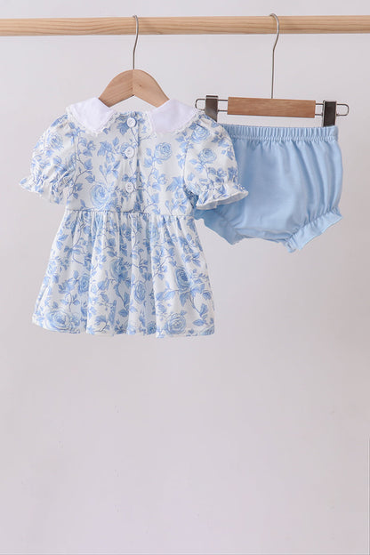 Blue Rose Smocked Bloomer Set