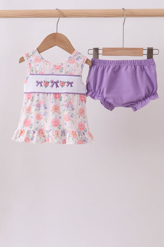 Purple Rose Bow Smocked Ruffle Bloomer Set