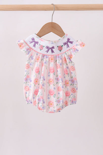 Purple Rose Bow Smocked Ruffle Bubble