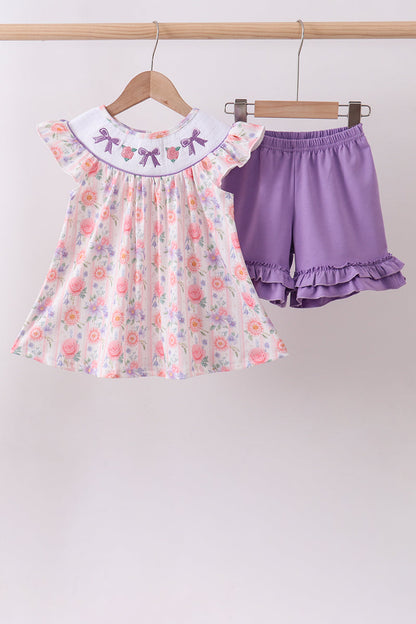 Purple Rose Bow Smocked Ruffle Shorts Set