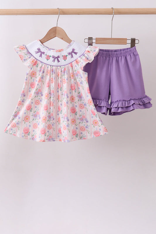 Purple Rose Bow Smocked Ruffle Shorts Set