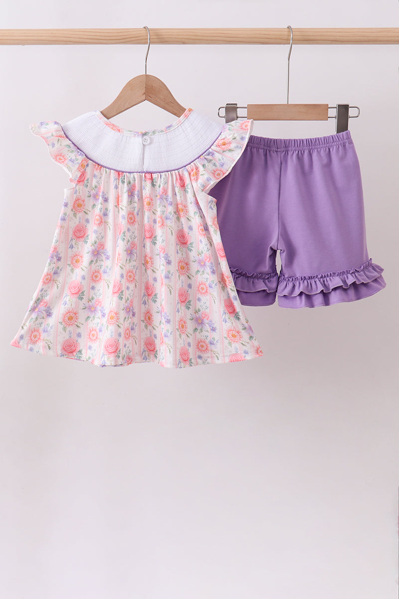Purple Rose Bow Smocked Ruffle Shorts Set