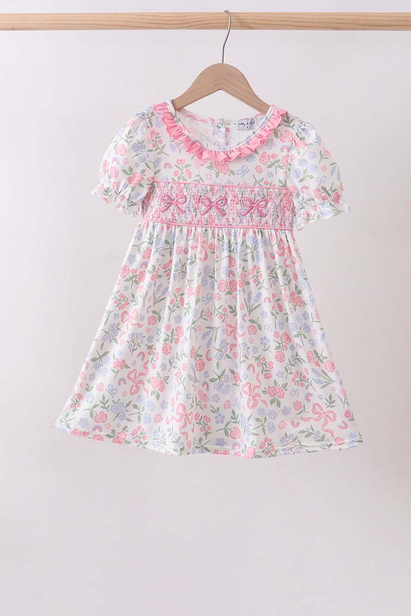 Pink Floral Bow Smocked Ruffle Dress
