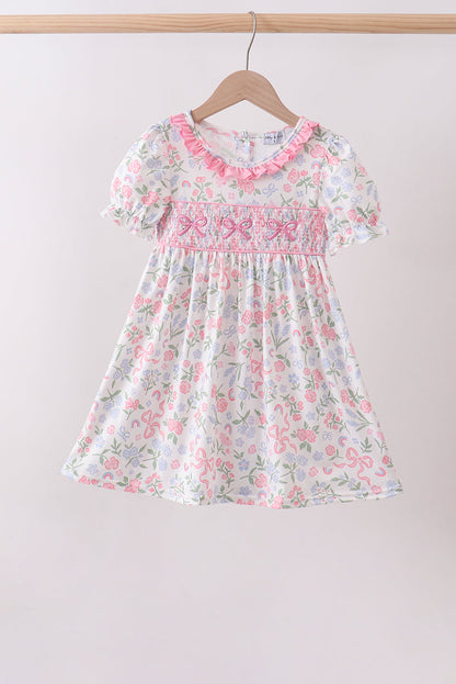 Pink Floral Bow Smocked Ruffle Dress