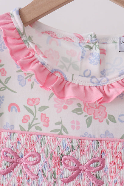 Pink Floral Bow Smocked Ruffle Dress