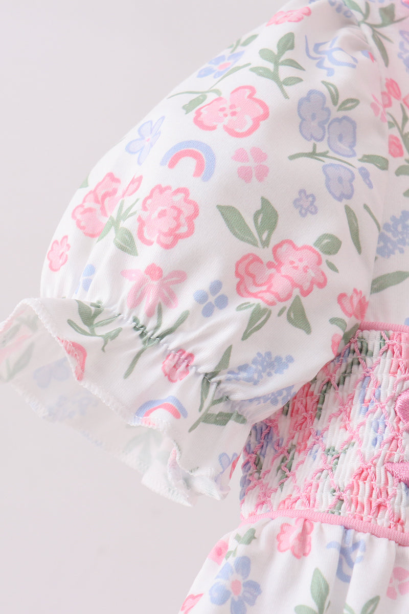 Pink Floral Bow Smocked Ruffle Dress