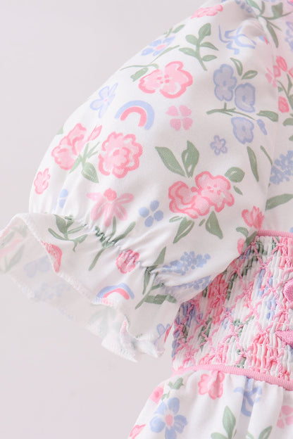 Pink Floral Bow Smocked Ruffle Dress