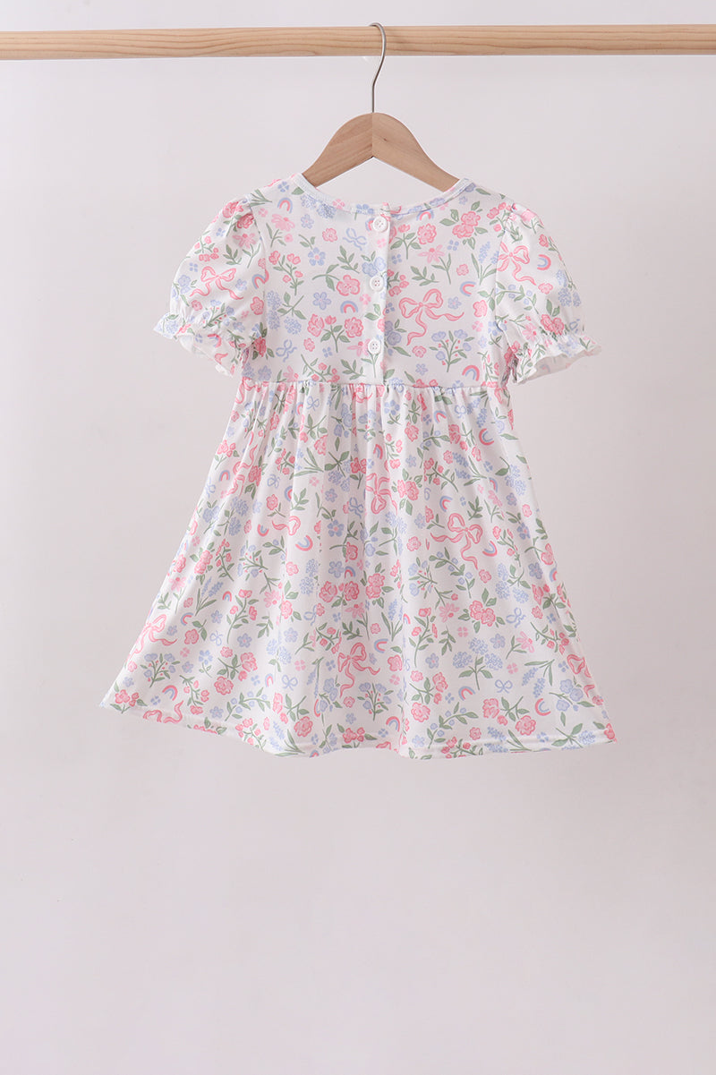Pink Floral Bow Smocked Ruffle Dress