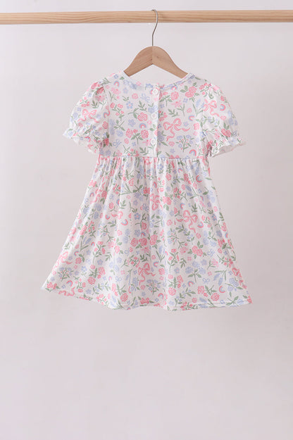 Pink Floral Bow Smocked Ruffle Dress