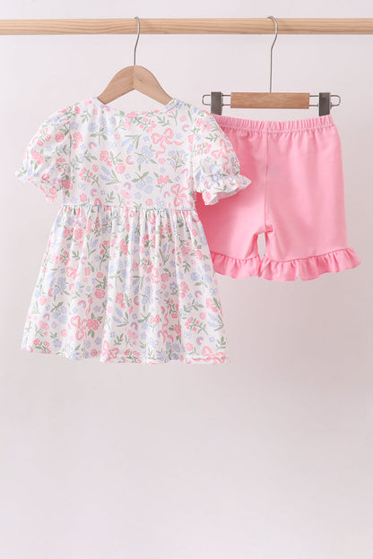 Pink Floral Bow Smocked Ruffle Shorts Set