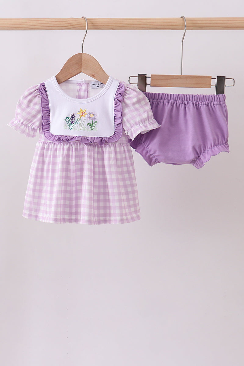 Purple Floral Embroidery Gingham Bloomer Set