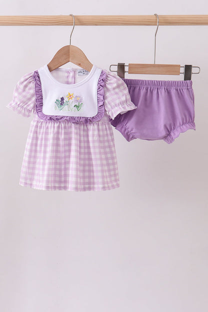 Purple Floral Embroidery Gingham Bloomer Set
